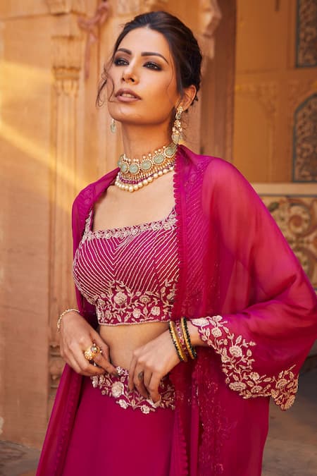 Buy Charu And Vasundhara Pink Tussar Silk And Organza Square Neck Embellished Cape Lehenga Set Online at Aza Fashions Buy_Charu And Vasundhara_Pink Tussar Silk And Organza Square Neck Embellished Cape Lehenga Set _Online_at_Aza_Fashions