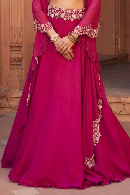 Shop Charu And Vasundhara Pink Tussar Silk And Organza Square Neck Embellished Cape Lehenga Set Online at Aza Fashions Shop_Charu And Vasundhara_Pink Tussar Silk And Organza Square Neck Embellished Cape Lehenga Set _Online_at_Aza_Fashions