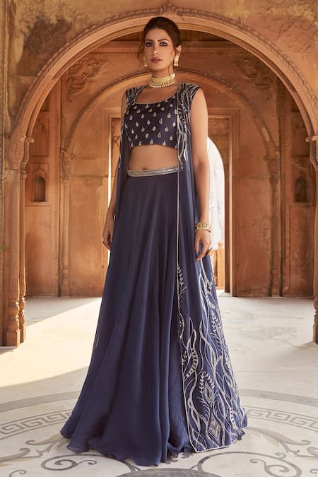 Charu And Vasundhara_Blue Blouse- Tussar Silk, Jacket-net, Lehenga- Georgette Round Embellished Set_Online_at_Aza_Fashions