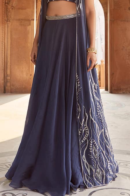 Shop_Charu And Vasundhara_Blue Blouse- Tussar Silk, Jacket-net, Lehenga- Georgette Round Embellished Set_Online_at_Aza_Fashions