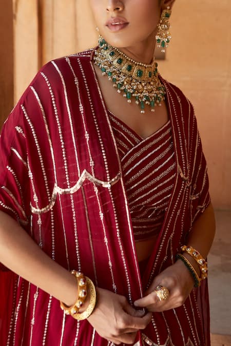 Buy_Charu And Vasundhara_Red Blouse- Tussar Silk, Cape- Georgette And Net, Lehenga- Embellished Set_Online_at_Aza_Fashions