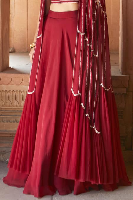 Shop_Charu And Vasundhara_Red Blouse- Tussar Silk, Cape- Georgette And Net, Lehenga- Embellished Set_Online_at_Aza_Fashions