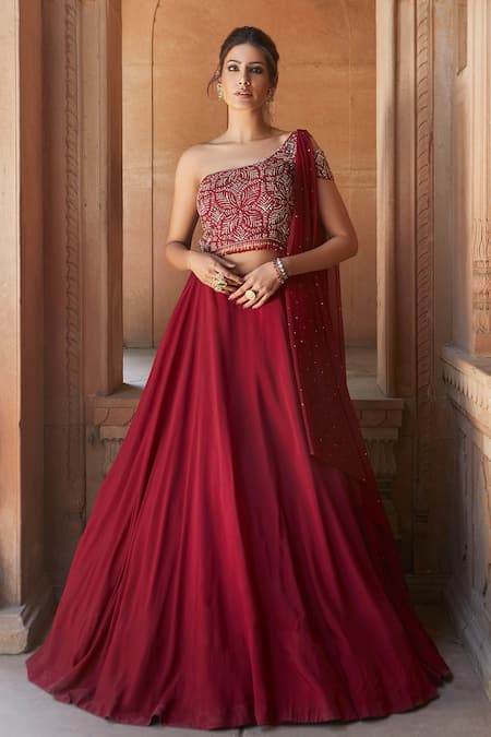 Charu and Vasundhara Red Tussar Silk And Net Embroidery One Shoulder Embellished Gown 