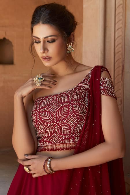 Charu And Vasundhara_Red Tussar Silk And Net One Shoulder Embellished Gown _Online_at_Aza_Fashions