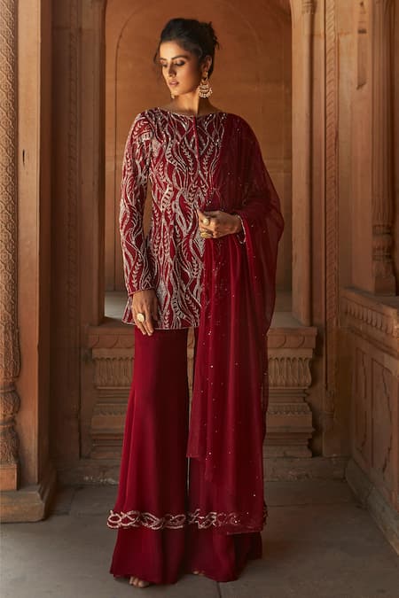 Rust red chanderi asymmetrical top with sharara pants and inner  set of  three by Ako  The Secret Label