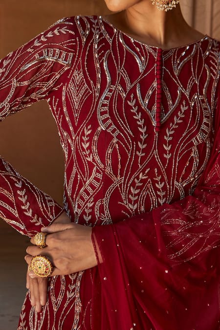 Charu And Vasundhara Red Kurta And Dupatta- Net, Sharara- Organza Round Embellished Set Online at Aza Fashions Charu And Vasundhara_Red Kurta And Dupatta- Net, Sharara- Organza Round Embellished Set _Online_at_Aza_Fashions