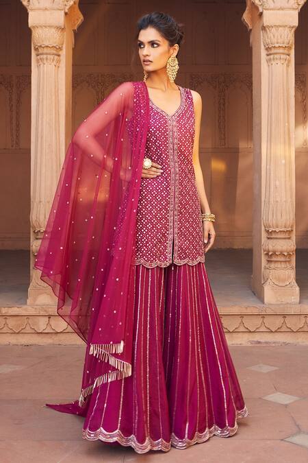 Charu And Vasundhara_Pink Kurta And Dupatta- Net, Sharara- Organza Leaf Neck Embellished Set _Online_at_Aza_Fashions