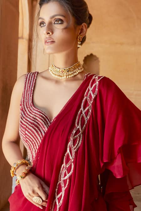 Buy_Charu And Vasundhara_Red Blouse- Tussar Silk, Saree- Organza And Chiffon Leaf Neck Pre-draped With_Online_at_Aza_Fashions