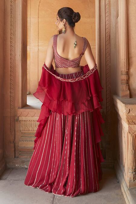 Shop Charu And Vasundhara Red Blouse- Tussar Silk, Dupatta- Organza And Chiffon, Lehenga- Embellished Set at Aza Fashions Shop_Charu And Vasundhara_Red Blouse- Tussar Silk, Dupatta- Organza And Chiffon, Lehenga- Embellished Set_at_Aza_Fashions