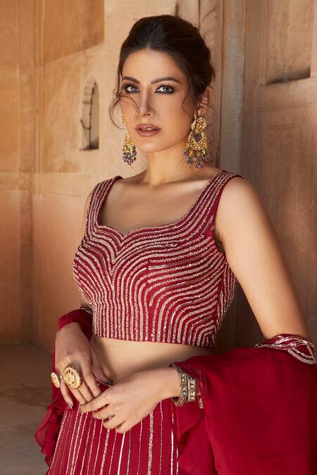 Shop Charu And Vasundhara Red Blouse- Tussar Silk, Dupatta- Organza And Chiffon, Lehenga- Embellished Set Online at Aza Fashions Shop_Charu And Vasundhara_Red Blouse- Tussar Silk, Dupatta- Organza And Chiffon, Lehenga- Embellished Set_Online_at_Aza_Fashions