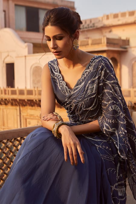 Buy_Charu And Vasundhara_Blue Blouse- Tussar Silk, Saree- Crepe And Organza Sweetheart Pre-draped With_Online_at_Aza_Fashions