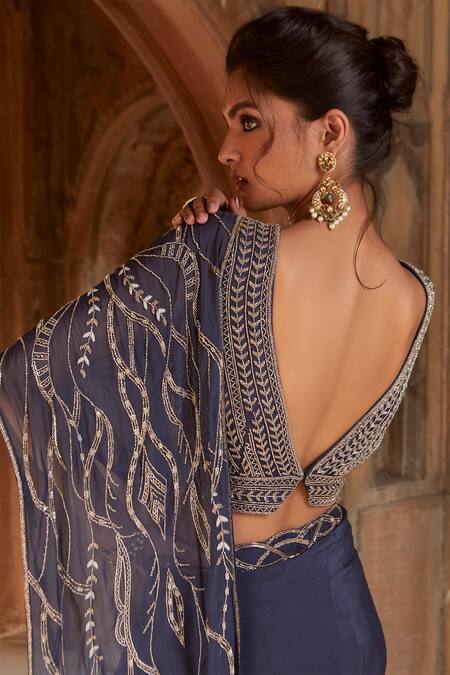 Shop_Charu And Vasundhara_Blue Blouse- Tussar Silk, Saree- Crepe And Organza Sweetheart Pre-draped With_Online_at_Aza_Fashions