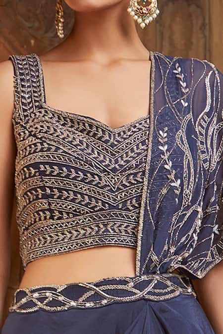 Charu And Vasundhara_Blue Blouse- Tussar Silk, Saree- Crepe And Organza Sweetheart Pre-draped With_at_Aza_Fashions