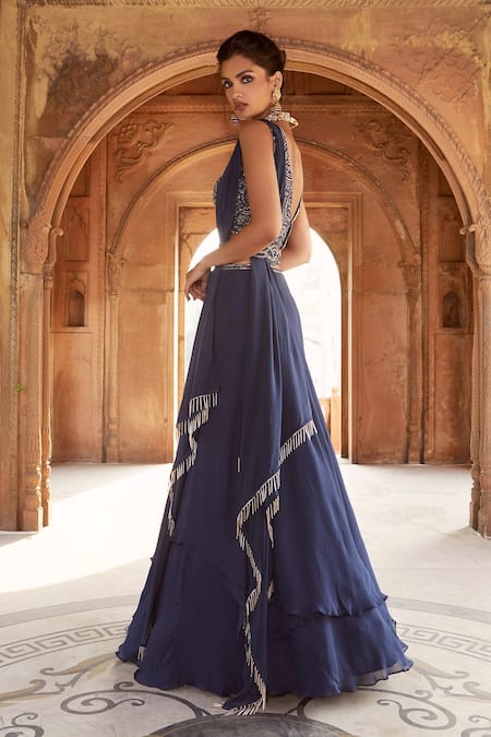 Charu And Vasundhara Blue Blouse- Tussar Silk, Dupatta- Papersilk, Lehenga- Embellished Set Online at Aza Fashions Charu And Vasundhara_Blue Blouse- Tussar Silk, Dupatta- Papersilk, Lehenga- Embellished Set _Online_at_Aza_Fashions