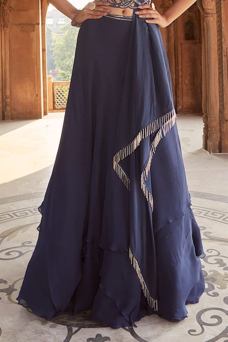 Shop Charu And Vasundhara Blue Blouse- Tussar Silk, Dupatta- Papersilk, Lehenga- Embellished Set Online at Aza Fashions Shop_Charu And Vasundhara_Blue Blouse- Tussar Silk, Dupatta- Papersilk, Lehenga- Embellished Set _Online_at_Aza_Fashions