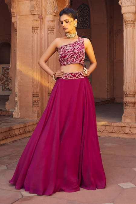 Charu and Vasundhara Pink Blouse- Tussar Silk Embroidery Asymmetric Embellished Lehenga Set