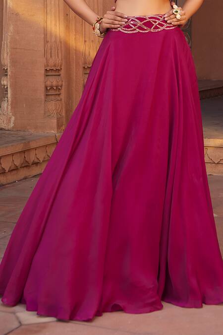Charu And Vasundhara Pink Blouse- Tussar Silk, Lehenga- Net Asymmetric Embellished Set Online at Aza Fashions Charu And Vasundhara_Pink Blouse- Tussar Silk, Lehenga- Net Asymmetric Embellished Set _Online_at_Aza_Fashions