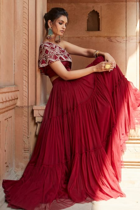 Buy_Charu And Vasundhara_Red Blouse- Tussar Silk, Lehenga- Net Asymmetric Embellished Set _Online_at_Aza_Fashions
