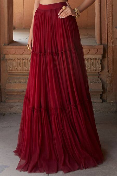 Charu And Vasundhara_Red Blouse- Tussar Silk, Lehenga- Net Asymmetric Embellished Set _at_Aza_Fashions