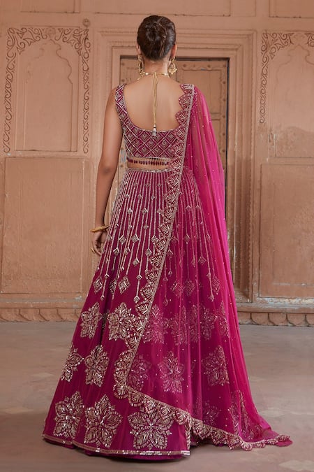 Shop_Charu And Vasundhara_Pink Net Round Embellished Bridal Lehenga Set _at_Aza_Fashions
