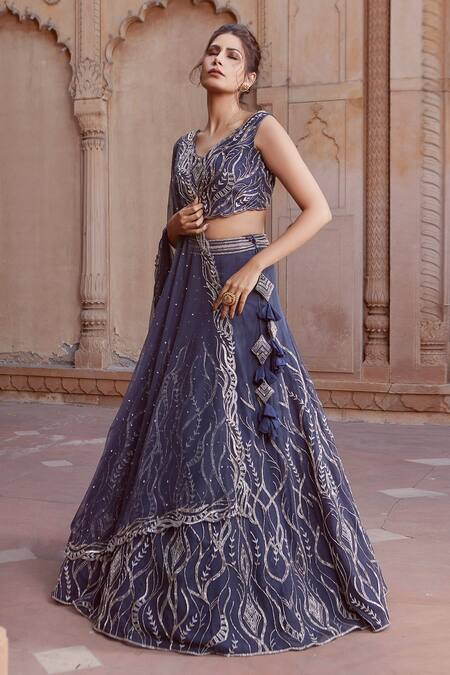 Charu And Vasundhara Blue Net Boat Embellished Bridal Lehenga Set Online at Aza Fashions Charu And Vasundhara_Blue Net Boat Embellished Bridal Lehenga Set _Online_at_Aza_Fashions