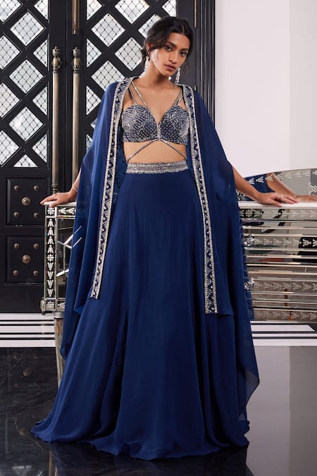 Charu and Vasundhara Blue Bralette Tussar Embroidery Bugle Beads Sweetheart Erin Cape And Skirt Set