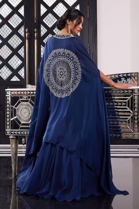 Shop Charu And Vasundhara Blue Bralette Tussar, Skirt Organza And Jacket Habutai Bugle Erin Cape & Set at Aza Fashions Shop_Charu And Vasundhara_Blue Bralette Tussar, Skirt Organza And Jacket Habutai Bugle Erin Cape & Set _at_Aza_Fashions