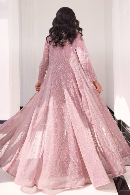 Charu And Vasundhara_Purple Bralette Tussar, Sharara Organza And Jacket Net Eija Embroidered & Set _Online_at_Aza_Fashions