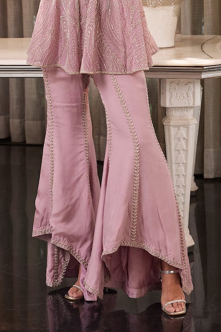 Shop_Charu And Vasundhara_Purple Net And Organza Bugle Beads, Sequin & Crystals V Neck Elra Peplum Kurta Set _Online_at_Aza_Fashions