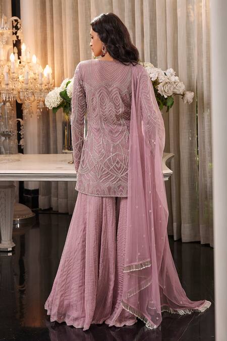 Charu And Vasundhara_Purple Net And Organza Bugle & V Etsa Embroidered Kurta Sharara Set _Online_at_Aza_Fashions