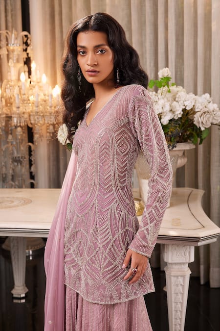Buy_Charu And Vasundhara_Purple Net And Organza Bugle & V Etsa Embroidered Kurta Sharara Set _Online_at_Aza_Fashions