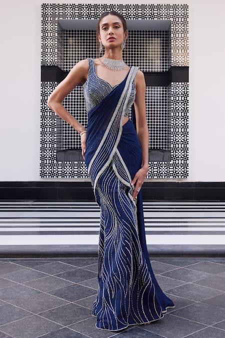 Charu and Vasundhara Blue Blouse Tussar And Saree Net & Chiffon Embroidery Eliza Pre-draped With