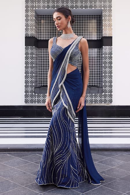 Buy_Charu And Vasundhara_Blue Blouse Tussar And Saree Net & Chiffon Sequin & Eliza Pre-draped With _Online_at_Aza_Fashions