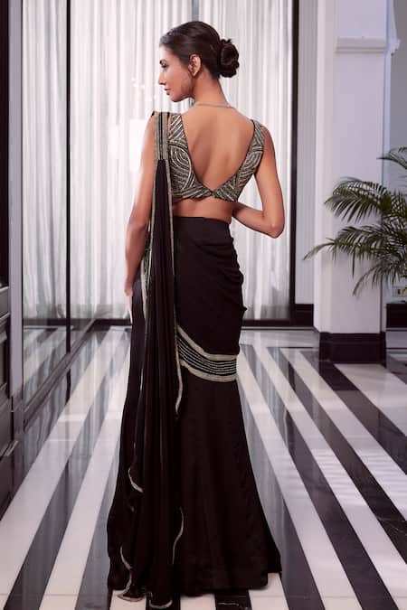 Shop Charu And Vasundhara Black Blouse Tussar And Saree Organza & Chiffon Sequin & Elara Pre-draped With at Aza Fashions Shop_Charu And Vasundhara_Black Blouse Tussar And Saree Organza & Chiffon Sequin & Elara Pre-draped With_at_Aza_Fashions