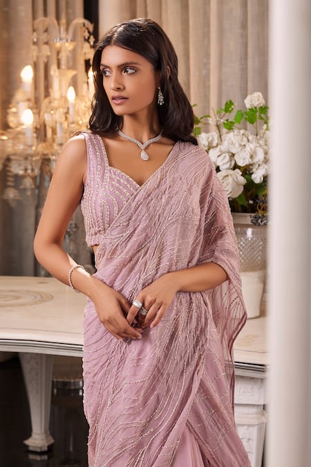 Charu And Vasundhara_Purple Tussar And Organza Sequin & Beads, Bugle Eartha Lehenga Saree With Blouse_Online_at_Aza_Fashions