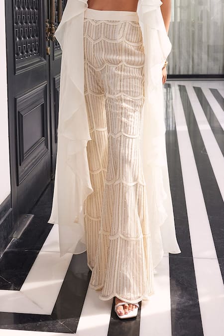 Charu And Vasundhara_Ivory Organza And Net Sequin & , Bugle V Enis Ruffle Jacket & Pant Set_Online_at_Aza_Fashions