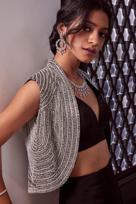 Buy_Charu And Vasundhara_Black Tussar And Organza Sequin & , Bugle V Eva Gilet & Flared Pant Set_Online_at_Aza_Fashions