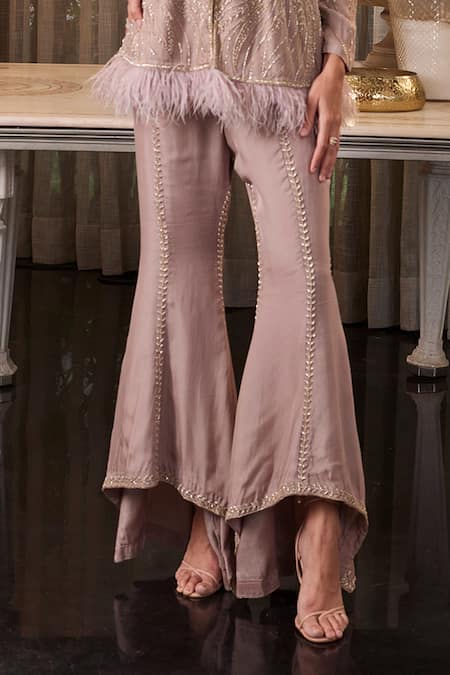 Buy_Charu And Vasundhara_Purple Organza Beads V Neck Emer Embroidered Jacket And Pant Set_Online_at_Aza_Fashions