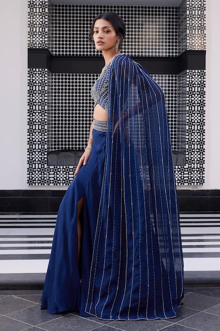Charu And Vasundhara_Blue Blouse Silk, Lehenga Organza Linear Asymmetric Erika Draped And Set_Online_at_Aza_Fashions