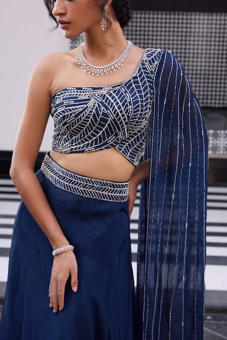 Buy_Charu And Vasundhara_Blue Blouse Silk, Lehenga Organza Linear Asymmetric Erika Draped And Set_Online_at_Aza_Fashions
