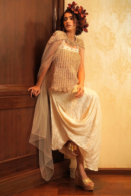 Shop Nikita Vishakha White Top Mesh Skirt Velvet Cape Net Zardozi Crop Sahiba Cowl Set With at Aza Fashions Shop_Nikita Vishakha_White Top Mesh Skirt Velvet Cape Net Zardozi Crop Sahiba Cowl Set With _at_Aza_Fashions
