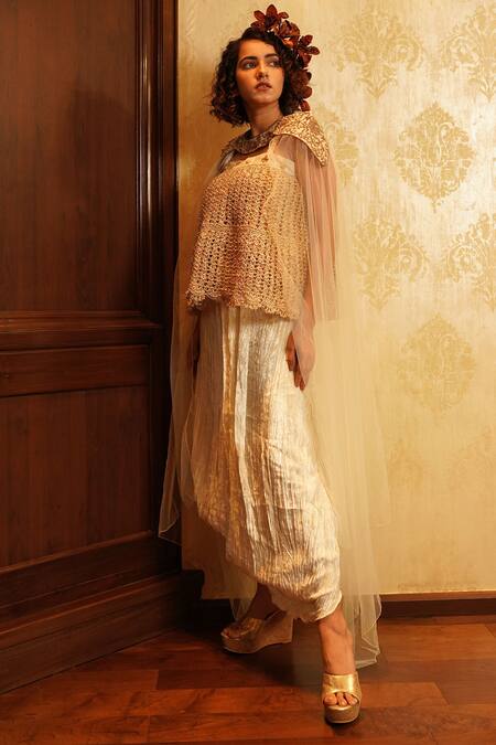 Nikita Vishakha White Top Mesh Skirt Velvet Cape Net Zardozi Crop Sahiba Cowl Set With Online at Aza Fashions Nikita Vishakha_White Top Mesh Skirt Velvet Cape Net Zardozi Crop Sahiba Cowl Set With _Online_at_Aza_Fashions