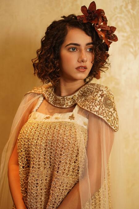 Buy Nikita Vishakha White Top Mesh Skirt Velvet Cape Net Zardozi Crop Sahiba Cowl Set With Online at Aza Fashions Buy_Nikita Vishakha_White Top Mesh Skirt Velvet Cape Net Zardozi Crop Sahiba Cowl Set With _Online_at_Aza_Fashions