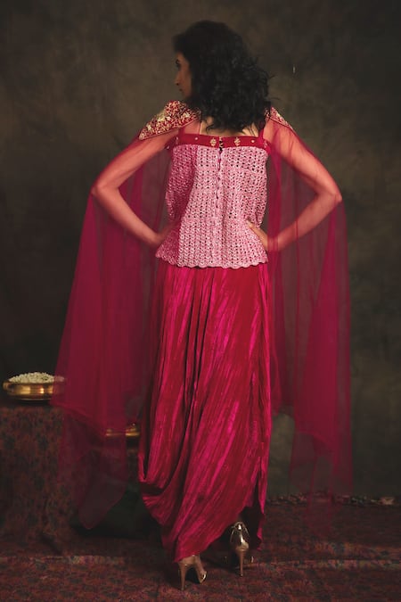 Shop Nikita Vishakha Pink Top Mesh Skirt Velvet Cape Net Zardozi Crop Top Sahiba Set With at Aza Fashions Shop_Nikita Vishakha_Pink Top Mesh Skirt Velvet Cape Net Zardozi Crop Top Sahiba Set With _at_Aza_Fashions