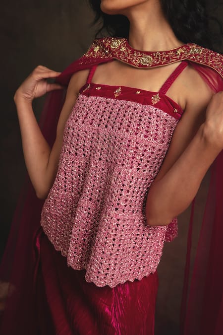 Buy Nikita Vishakha Pink Top Mesh Skirt Velvet Cape Net Zardozi Crop Top Sahiba Set With Online at Aza Fashions Buy_Nikita Vishakha_Pink Top Mesh Skirt Velvet Cape Net Zardozi Crop Top Sahiba Set With _Online_at_Aza_Fashions