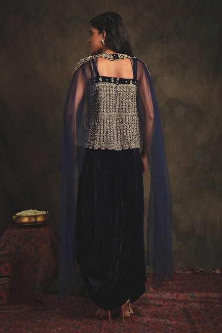 Shop Nikita Vishakha Blue Top Mesh Skirt Velvet Cape Net Zardozi Crop Sahiba Draped Set With at Aza Fashions Shop_Nikita Vishakha_Blue Top Mesh Skirt Velvet Cape Net Zardozi Crop Sahiba Draped Set With _at_Aza_Fashions