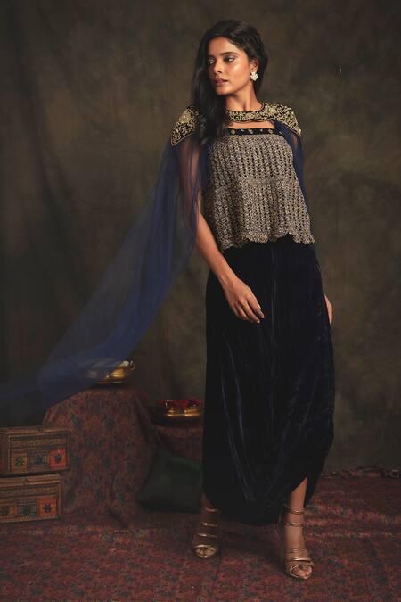 Nikita Vishakha Blue Top Mesh Skirt Velvet Cape Net Zardozi Crop Sahiba Draped Set With Online at Aza Fashions Nikita Vishakha_Blue Top Mesh Skirt Velvet Cape Net Zardozi Crop Sahiba Draped Set With _Online_at_Aza_Fashions