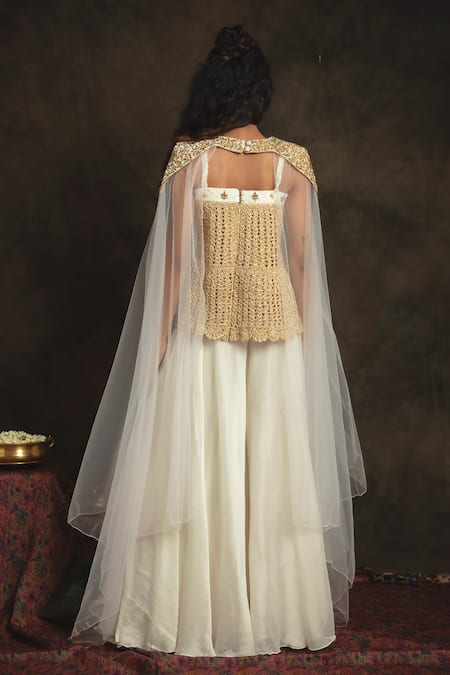 Shop Nikita Vishakha White Top Mesh Sharara Organza Cape Net Zardozi Crop Top Razia Set With at Aza Fashions Shop_Nikita Vishakha_White Top Mesh Sharara Organza Cape Net Zardozi Crop Top Razia Set With _at_Aza_Fashions