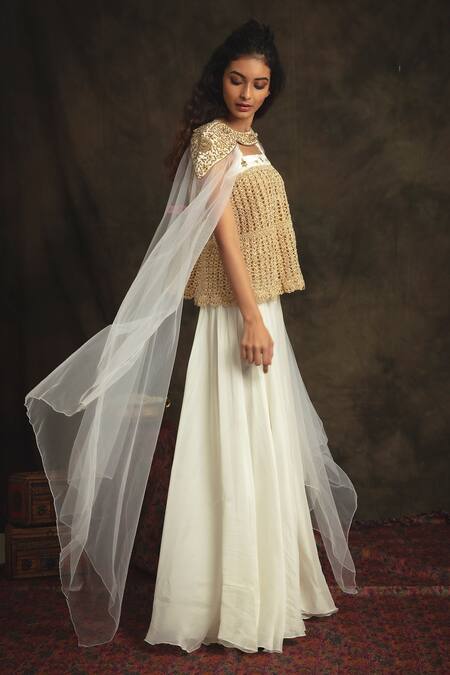 Nikita Vishakha White Top Mesh Sharara Organza Cape Net Zardozi Crop Top Razia Set With Online at Aza Fashions Nikita Vishakha_White Top Mesh Sharara Organza Cape Net Zardozi Crop Top Razia Set With _Online_at_Aza_Fashions