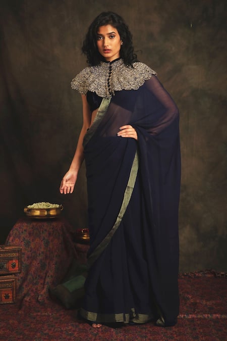 Suta Floral Embroidered Velvet Saree Blouse - Absolutely Desi